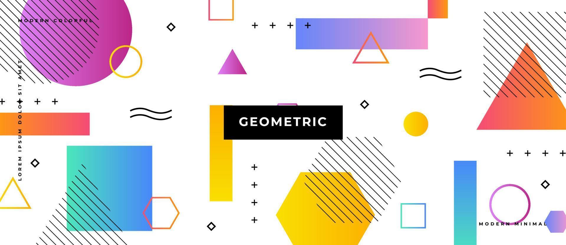 colorido degradado forma geométrica, línea, punto de fondo blanco de patrones sin fisuras en el estilo de memphis. vector