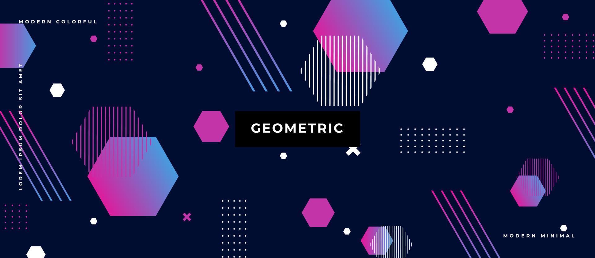 Colorful gradient hexagon animated shape. Memphis style shape, line, dot, polygon on dark blue background. vector