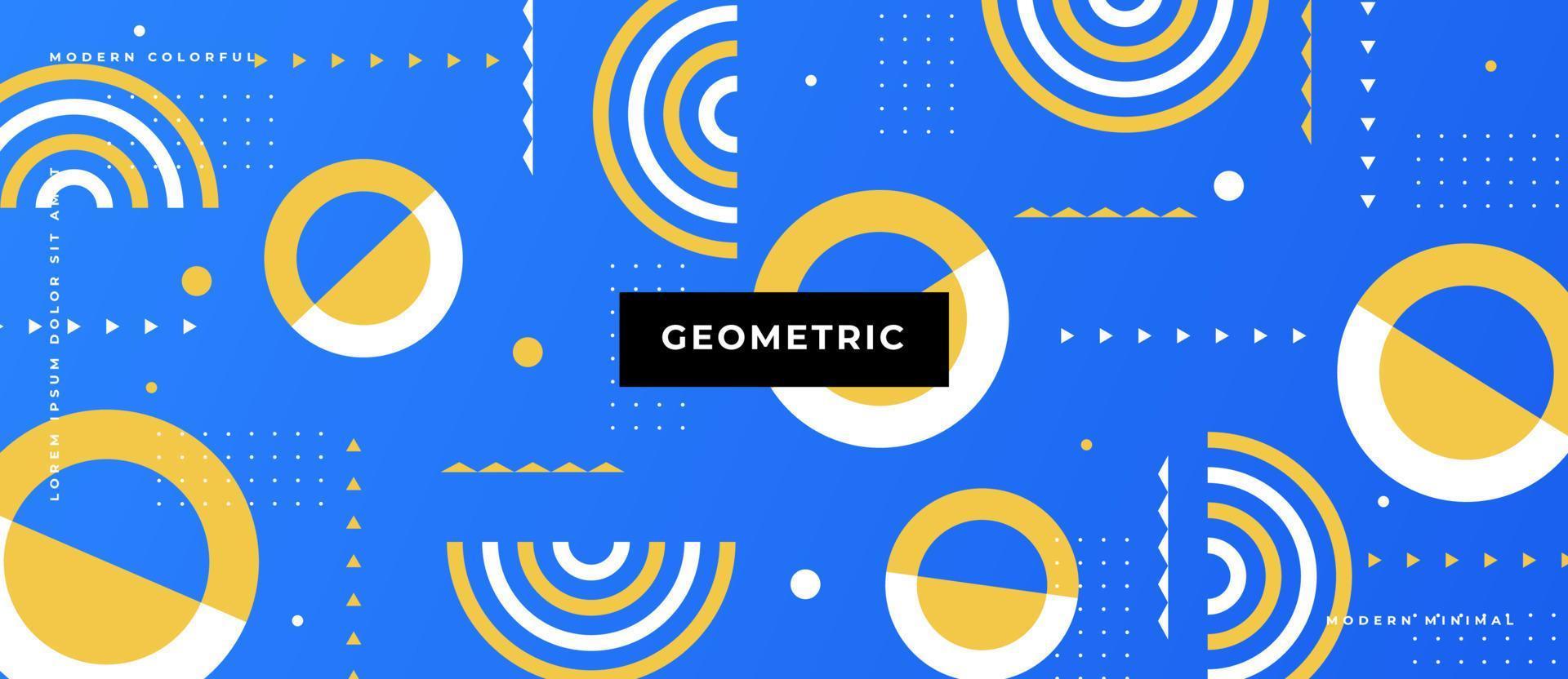 Blue abstract background with Memphis style geometric yellow, white circle shapes, line dot. Vector abstract graphic design banner pattern background.