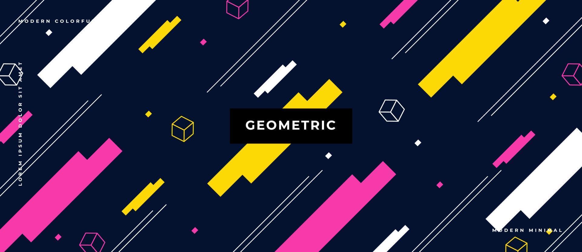 Memphis style Flat yellow, pink, white geometric line, Moving seamless pattern on dark blue background. vector