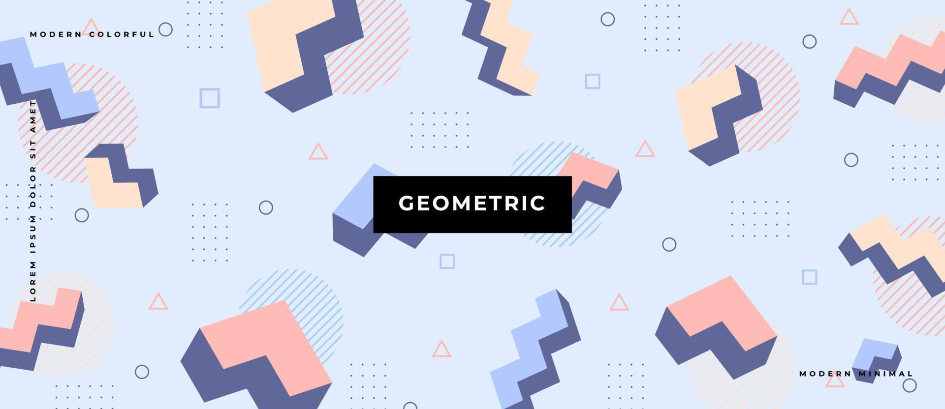 Flat minimal geometric seamless pattern 3D elements. Memphis style shape, line, dot in pastel color background. vector