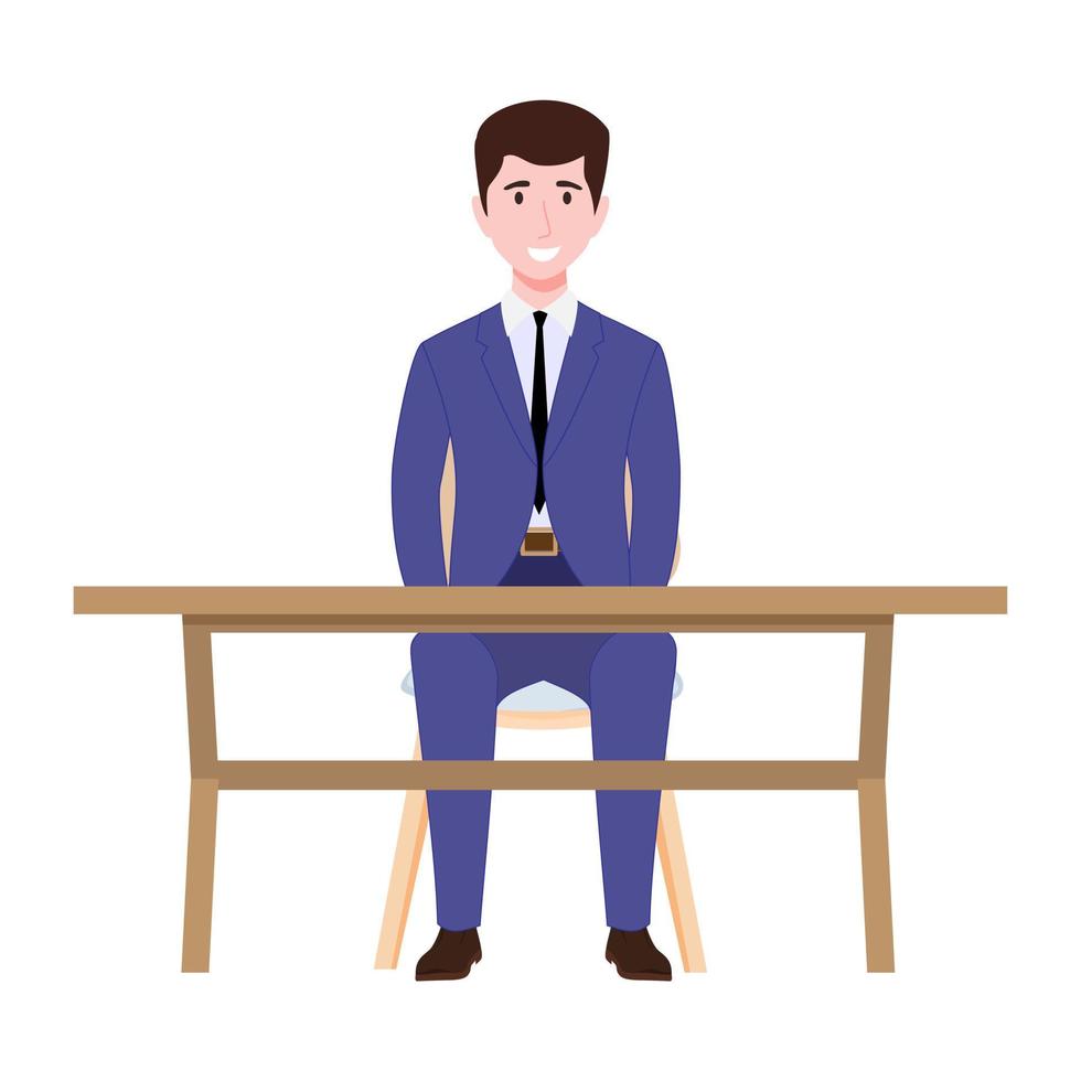 Cute businessman character sitting on modern home office desk with chair table vector