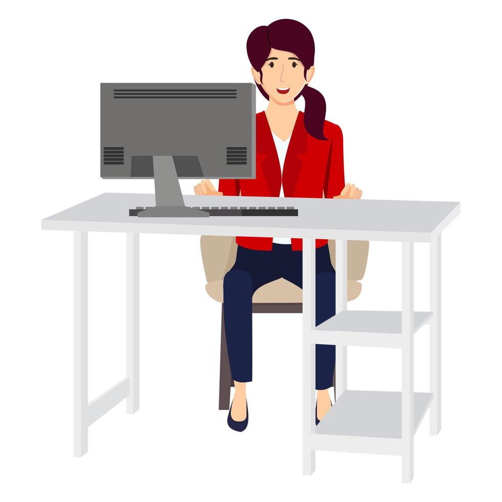 Cute businesswoman character sitting on modern home office desk with chair table and with pc computer vector