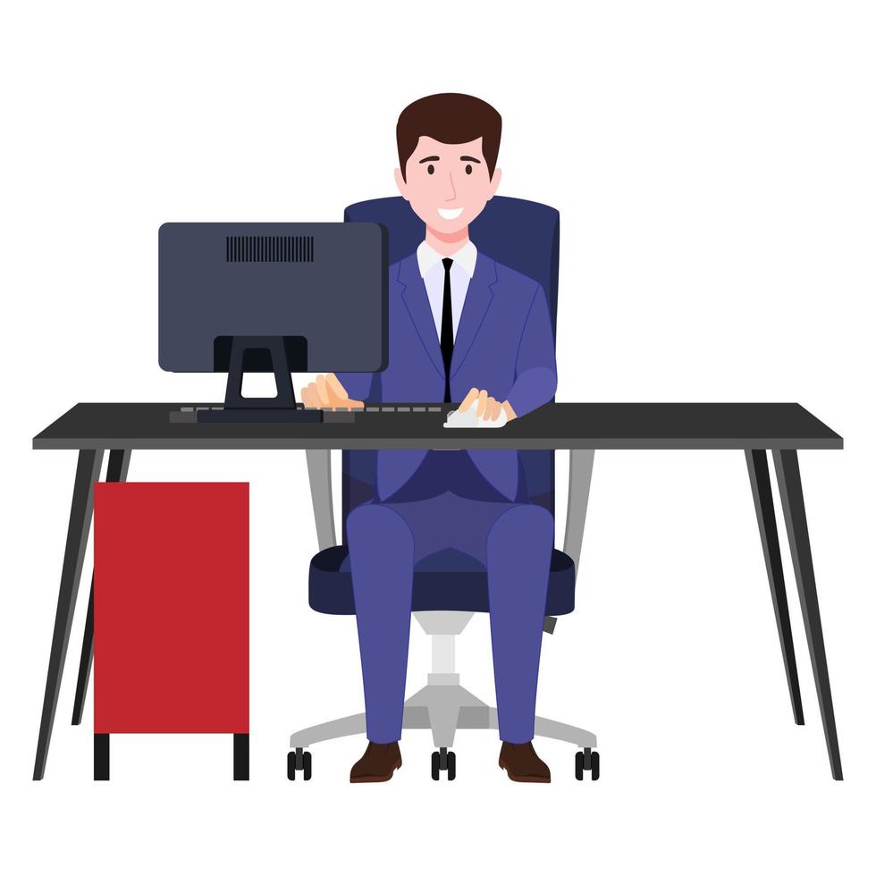 Lindo personaje de hombre de negocios sentado en el moderno escritorio de oficina en casa con mesa de silla y con armario de cajón de computadora pc aislado vector