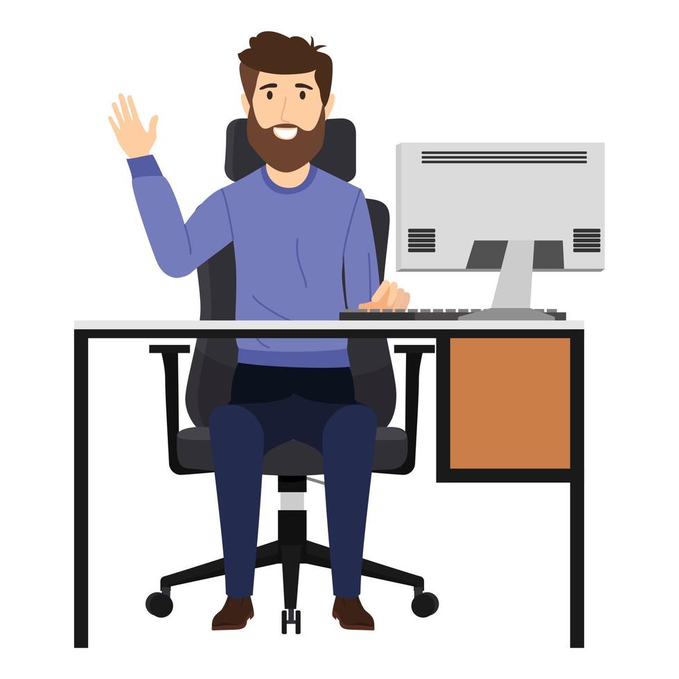 Cute businessman character sitting on modern home office desk with chair table and with pc computer drawer cabinet vector