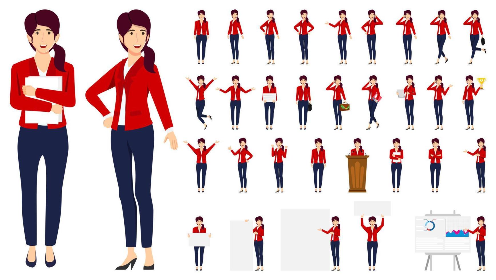 Businesswoman character set wearing business outfit with different set of pose doing different actions with podium presentation board graph chart and posing vector