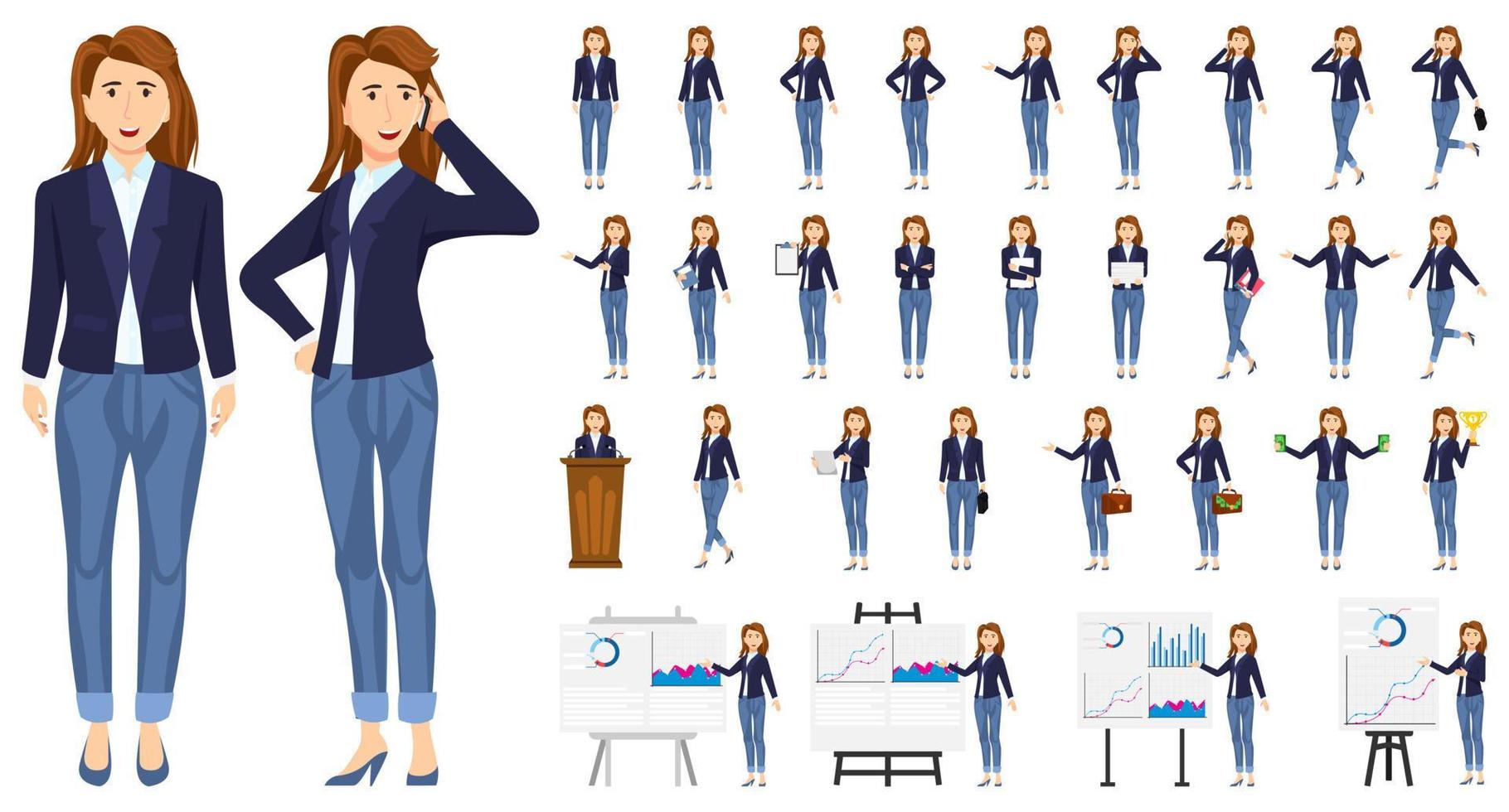 Cute businesswoman character wearing business outfit with different set of pose doing different actions with podium presentation board graph chart and posing vector