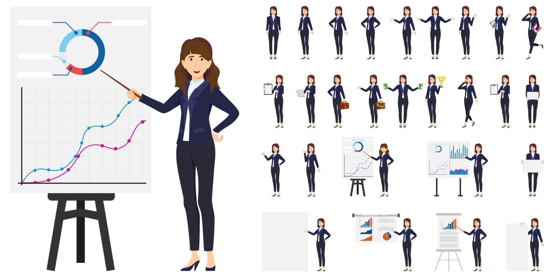 Businesswoman character set wearing business outfit with different set of pose doing different actions with presentation board graph chart and posing isolated vector