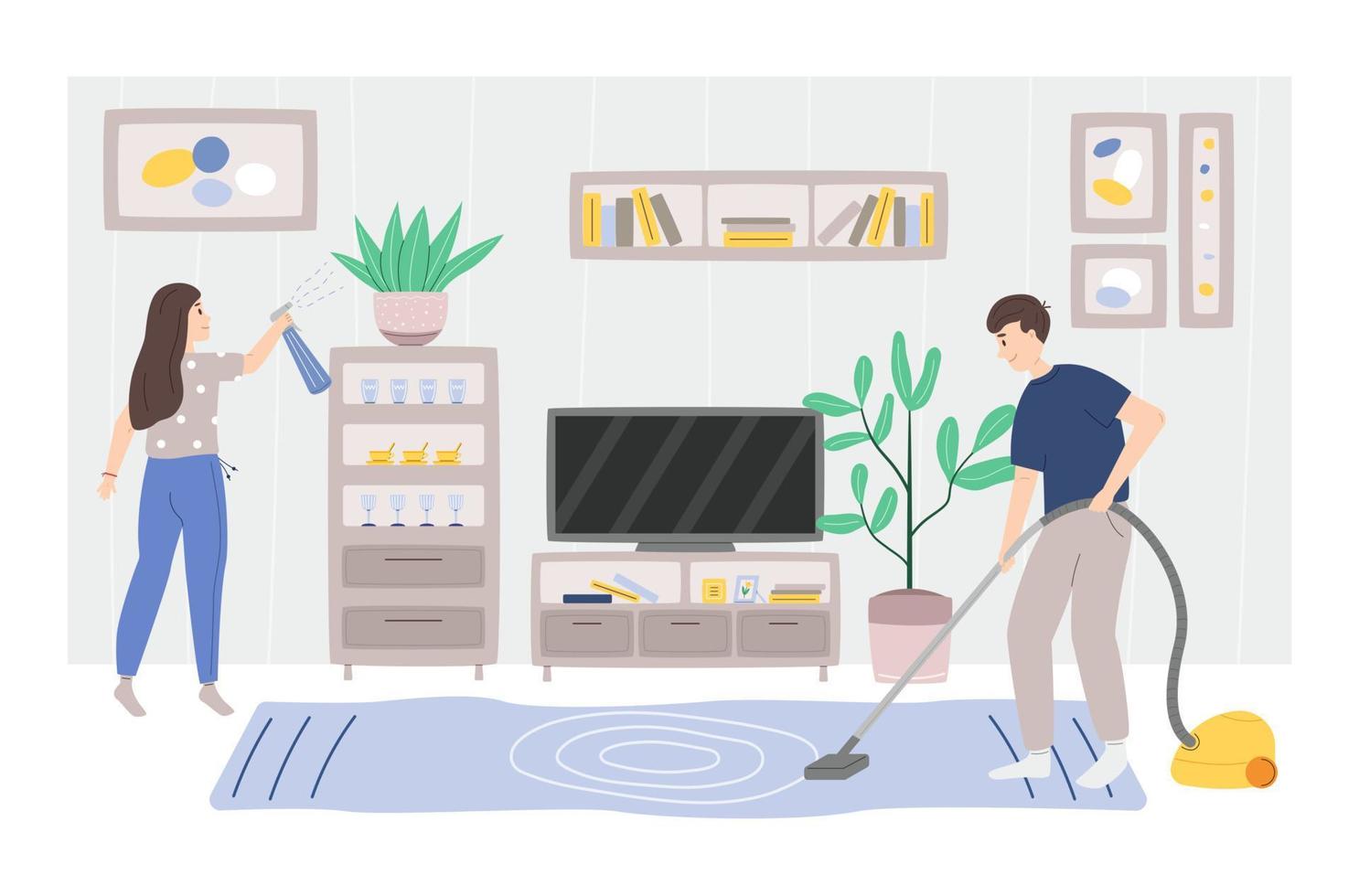 Man and woman cleaning living room vector