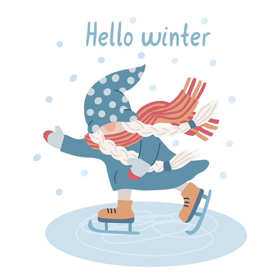 hola tarjeta de invierno con un gnomo de niña patinadora alegre vector
