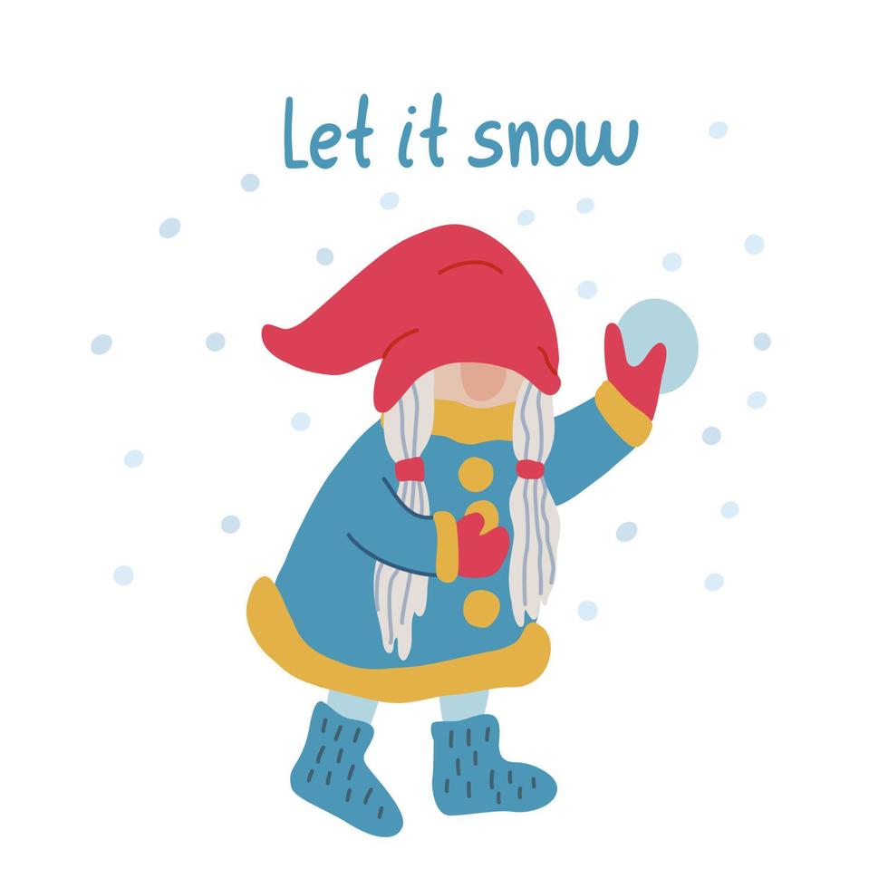 Let it snow. Card with a girl gnome playing snowballs. Winter fun recreation. Funny character. vector