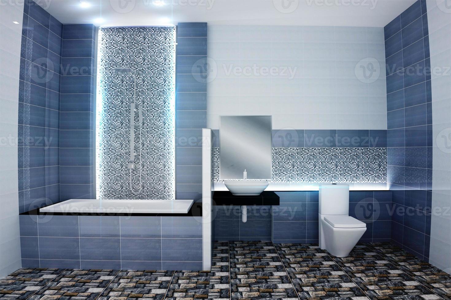 Bright bathroom Design tiles blue modern style. 3D rendering photo