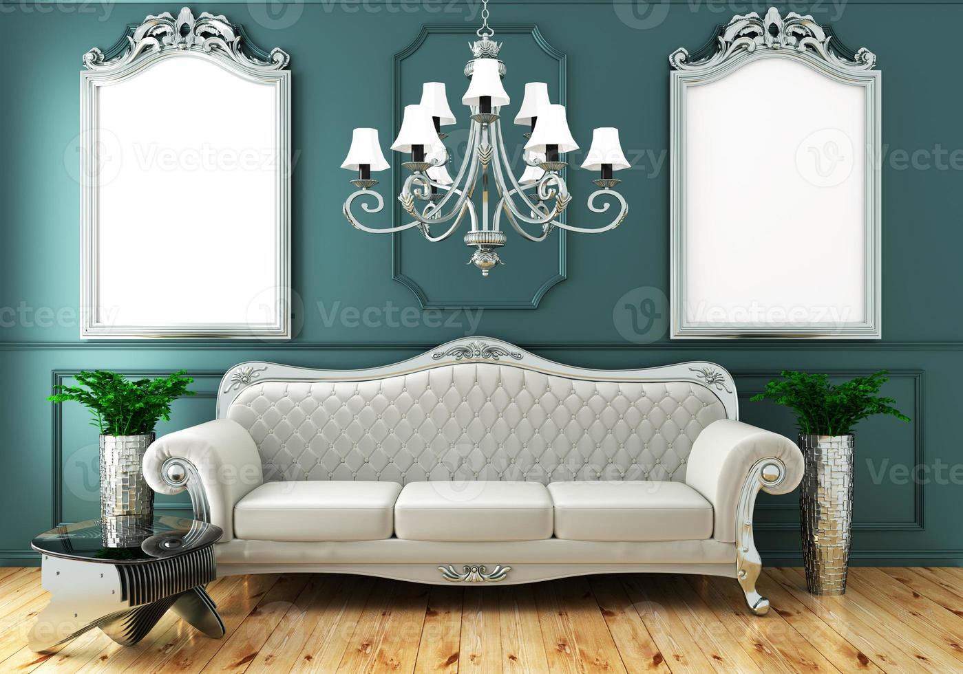 Estilo clásico de lujo de vida interior, decoración de pared de menta verde sobre piso de madera, representación 3d foto