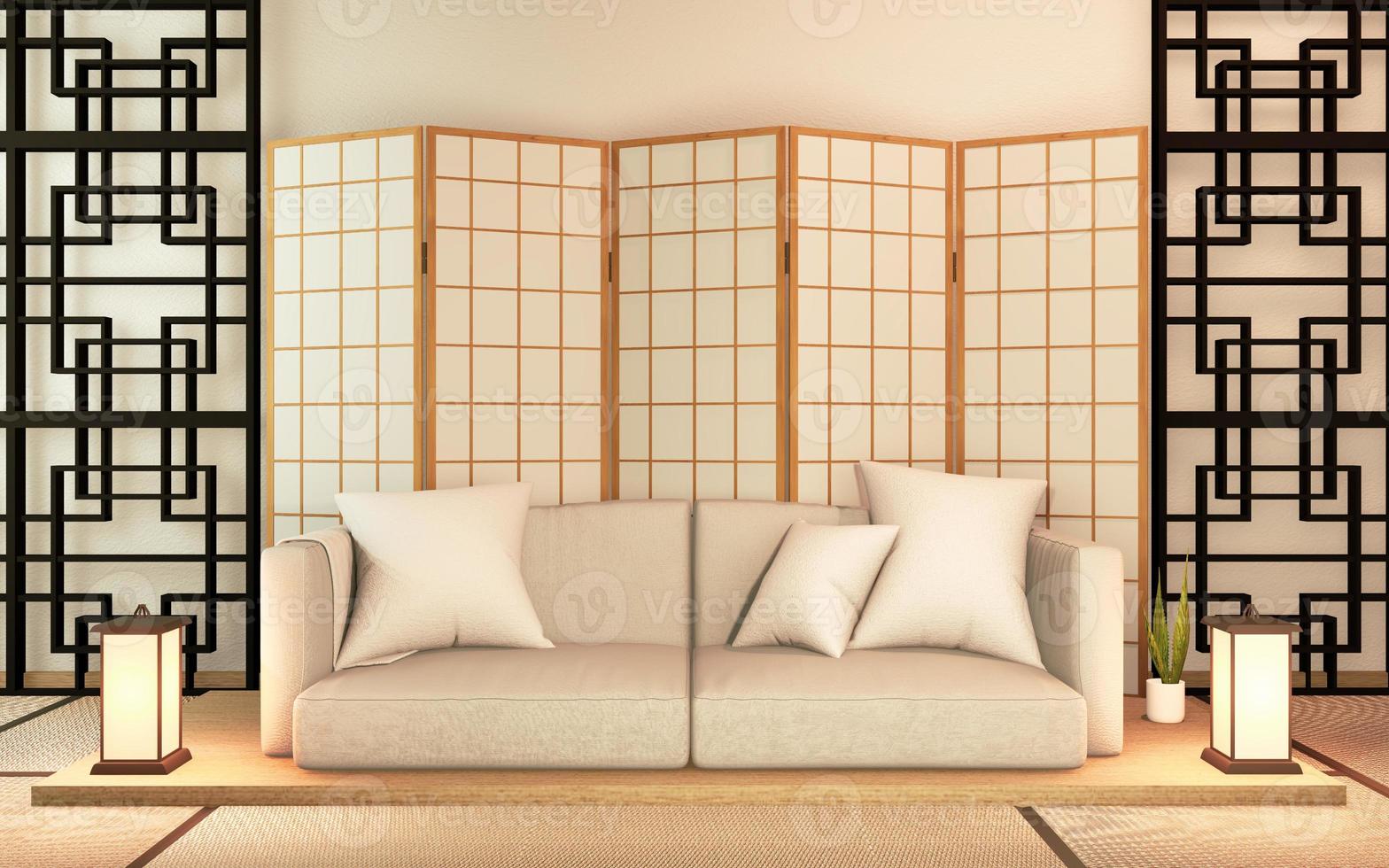 Sofá de madera de diseño japonés, en la habitación, piso de madera de Japón. Representación 3d foto
