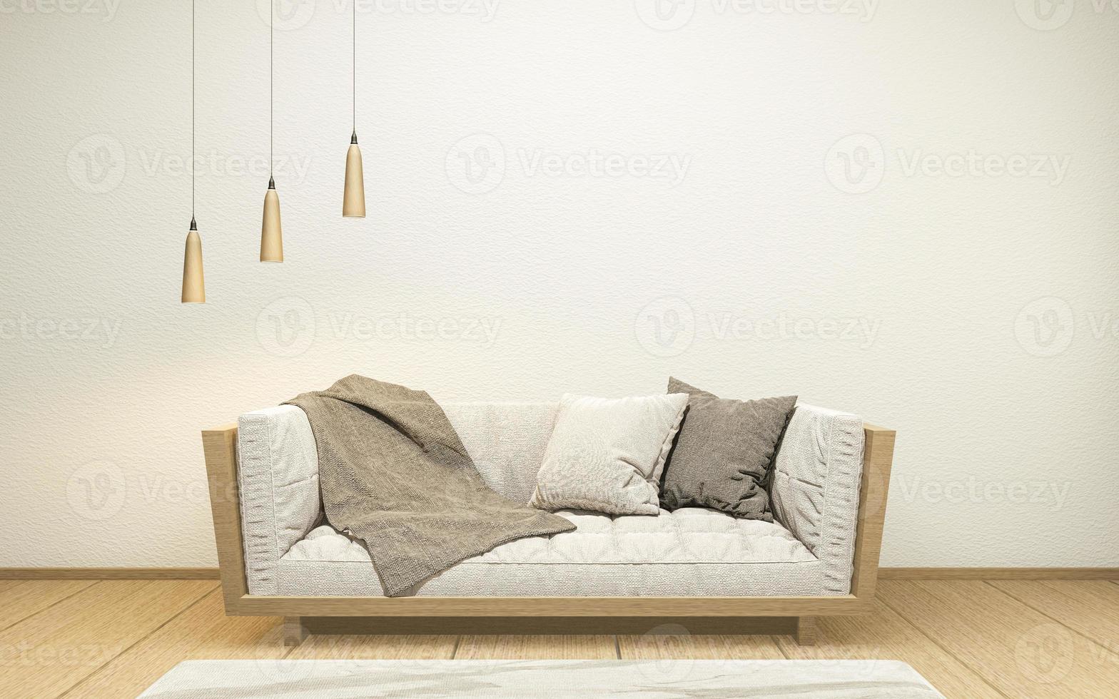 Interior with velvet sofa on empty white wall background japanese style, 3D rendering photo