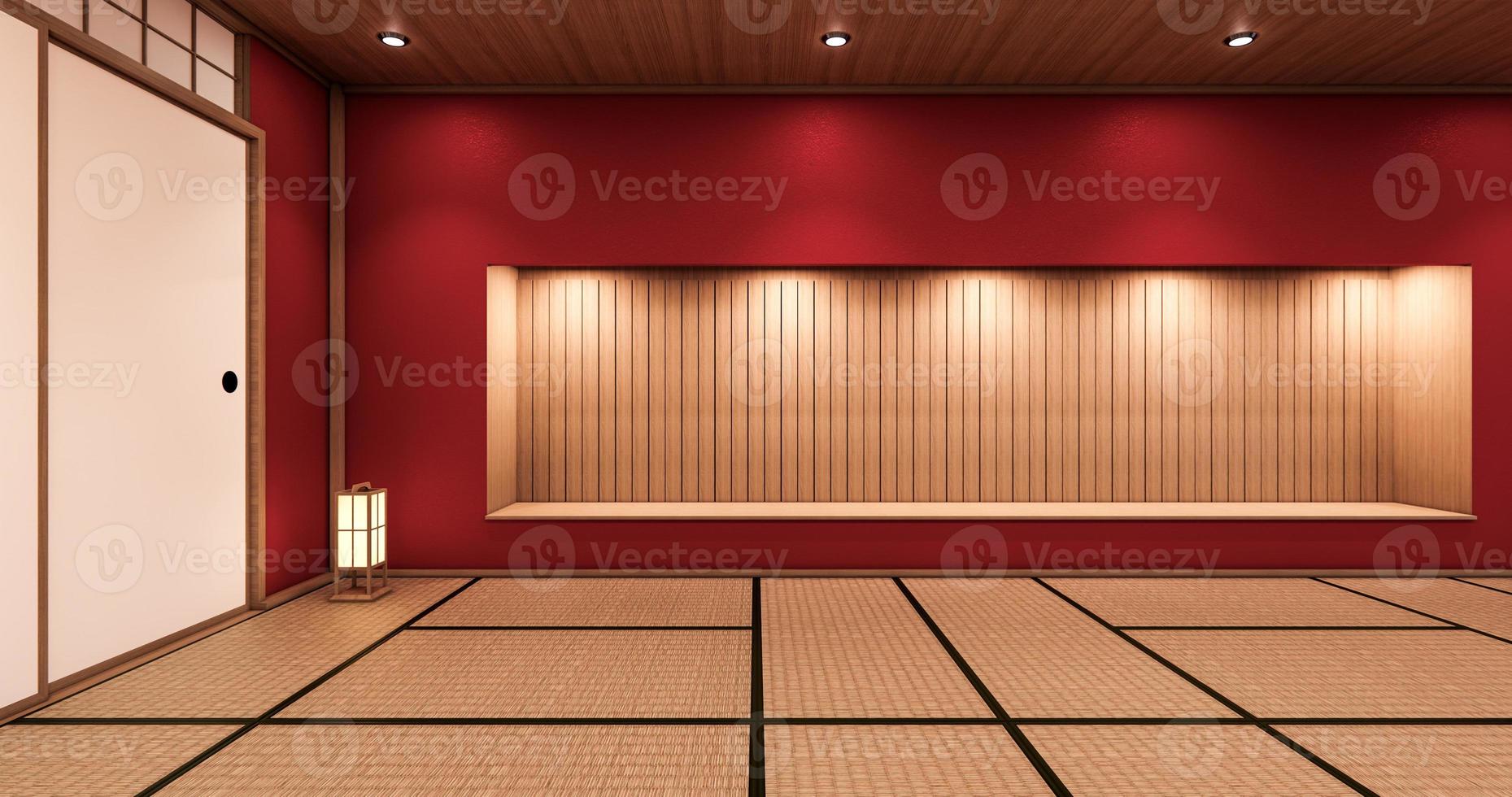 The interior color Red room inteior with tatami mat floor.3D rendering photo