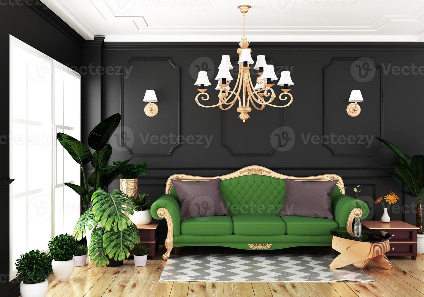 Interior living luxury classic style, decoration black wall on wooden floor, 3D rendering photo