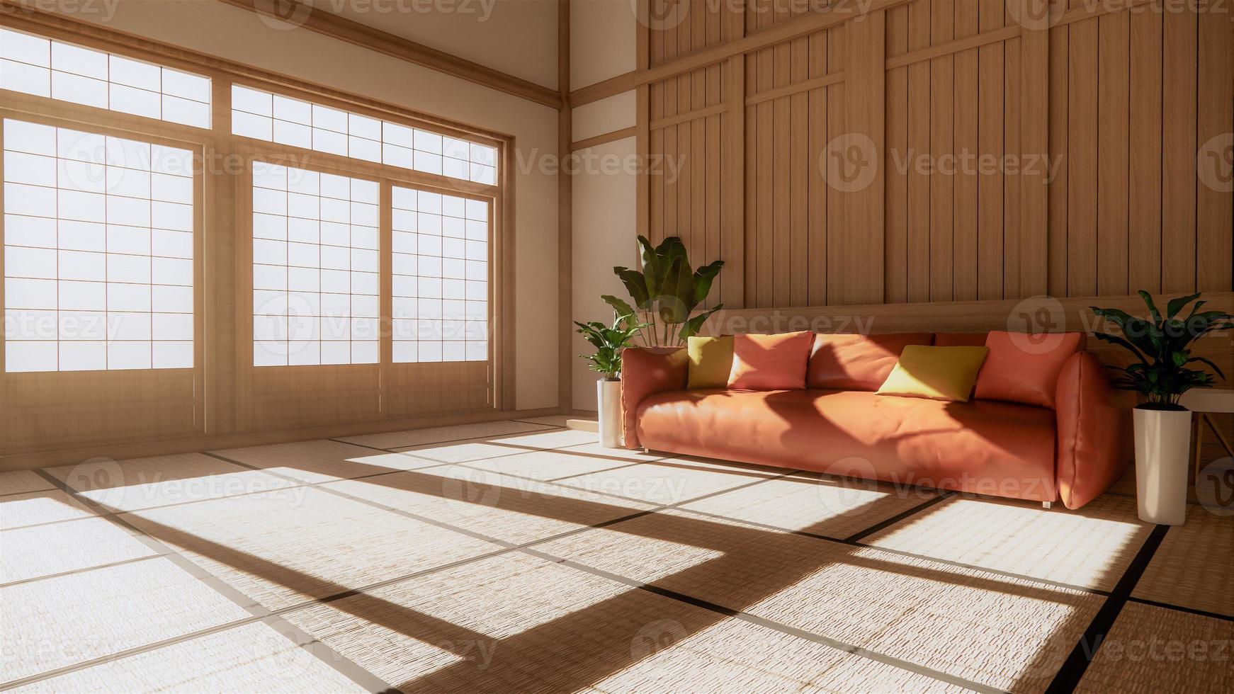 Sofá naranja de estilo japonés en la habitación de Japón y el fondo blanco proporciona una ventana para editar. Representación 3D foto