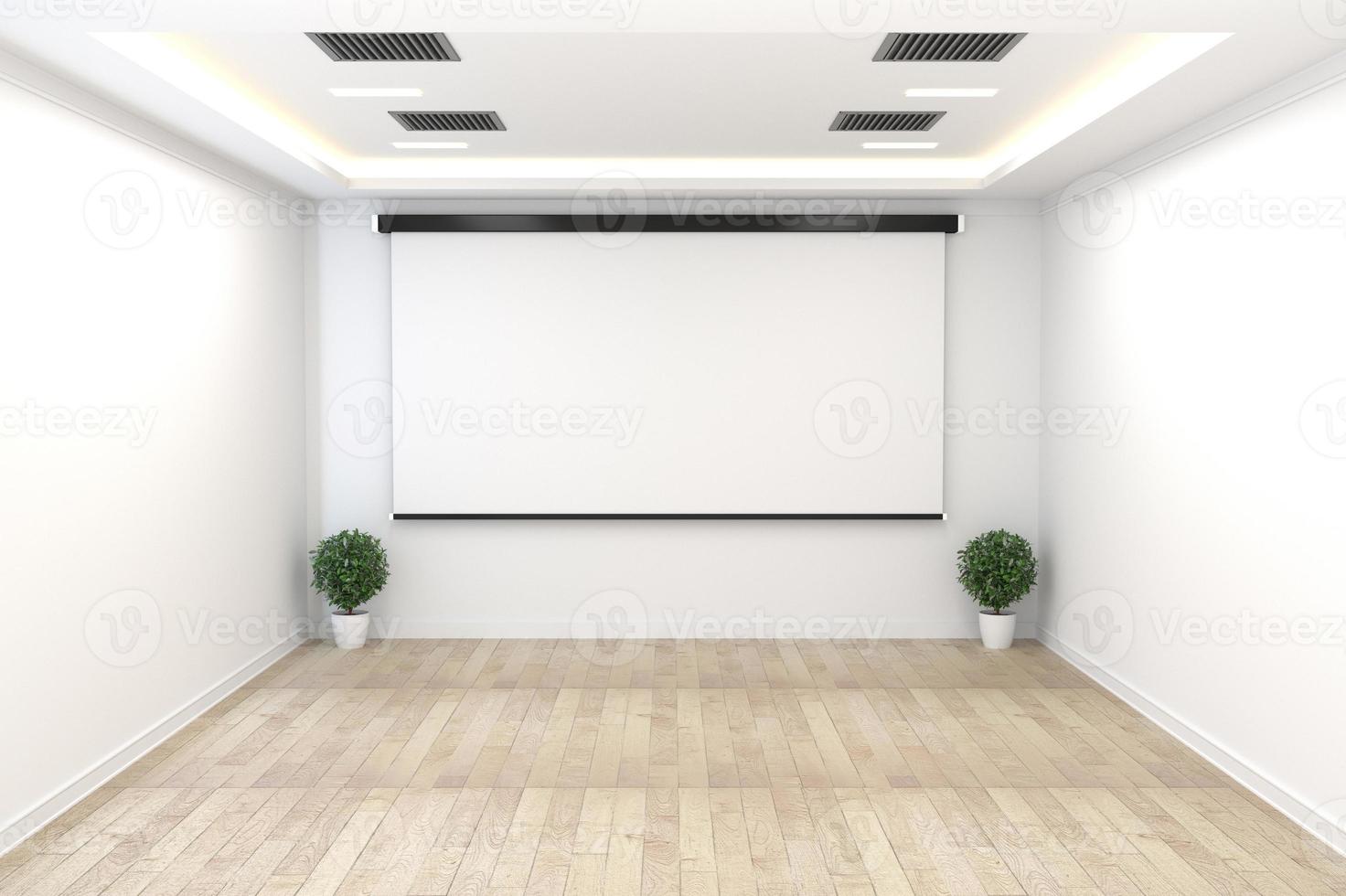 sala de juntas - concepto vacío, interior de negocios con plantas y piso de madera en la pared blanca vacía. Representación 3d foto