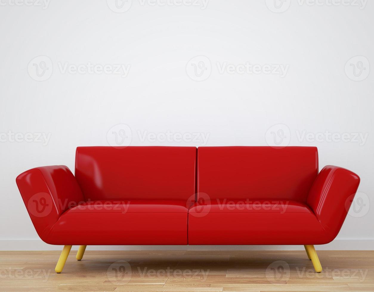 Red Sofa, Wooden floor on empty white wall background. 3D rendering photo