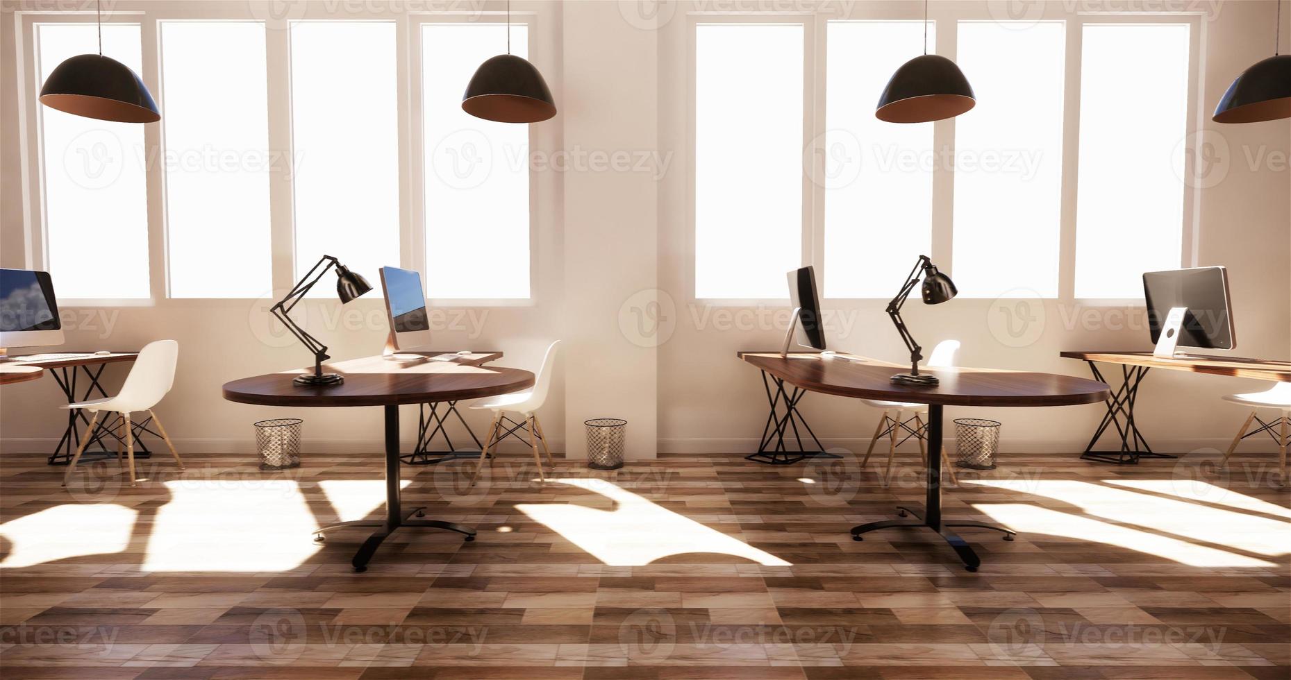 office interior with a row under large windows. Massive ceiling lamps.3D rendering photo