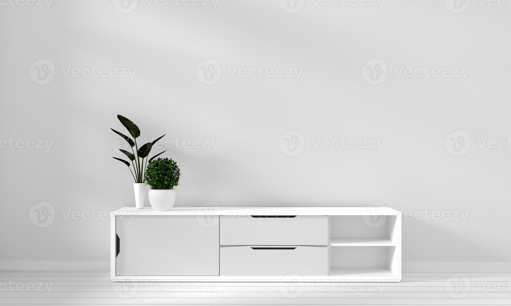 gabinete en la sala de estar moderna con lámpara, gabinete, marco y planta sobre fondo de pared blanca, representación 3d foto