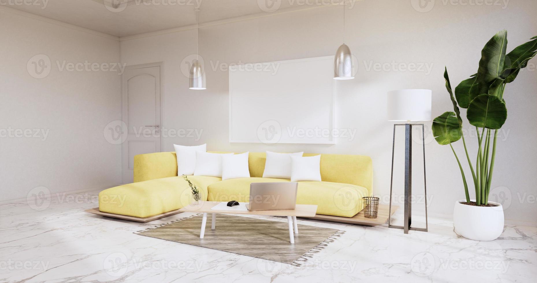 interior, sala de estar moderna minimalista tiene un sofá amarillo en la pared blanca y piso de baldosas de granito. Representación 3D foto
