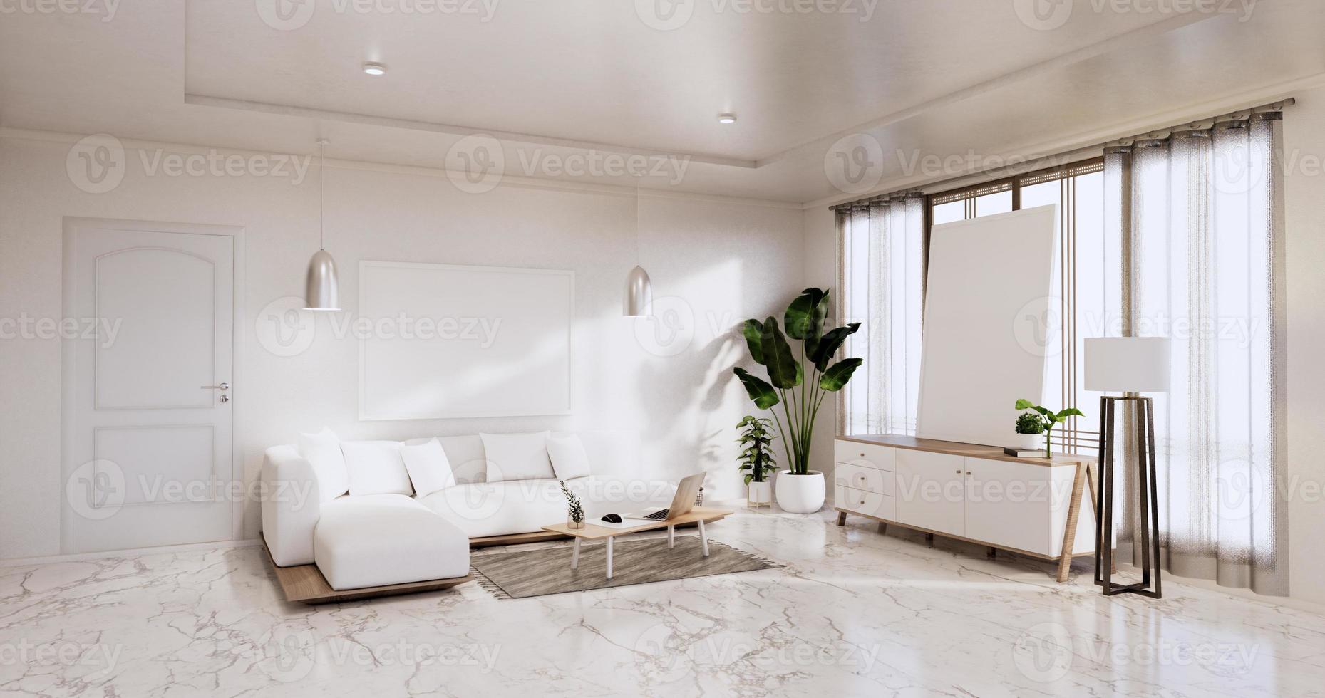 interior, sala de estar moderna minimalista tiene sofá y gabinete, plantas, lámpara en la pared blanca y piso de baldosas de granito Representación 3D foto