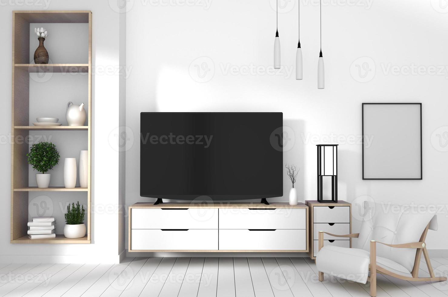 Mueble de televisión sobre suelo de madera blanca y pared blanca, interior minimalista y zen de la sala de estar de estilo japonés. Representación 3D foto