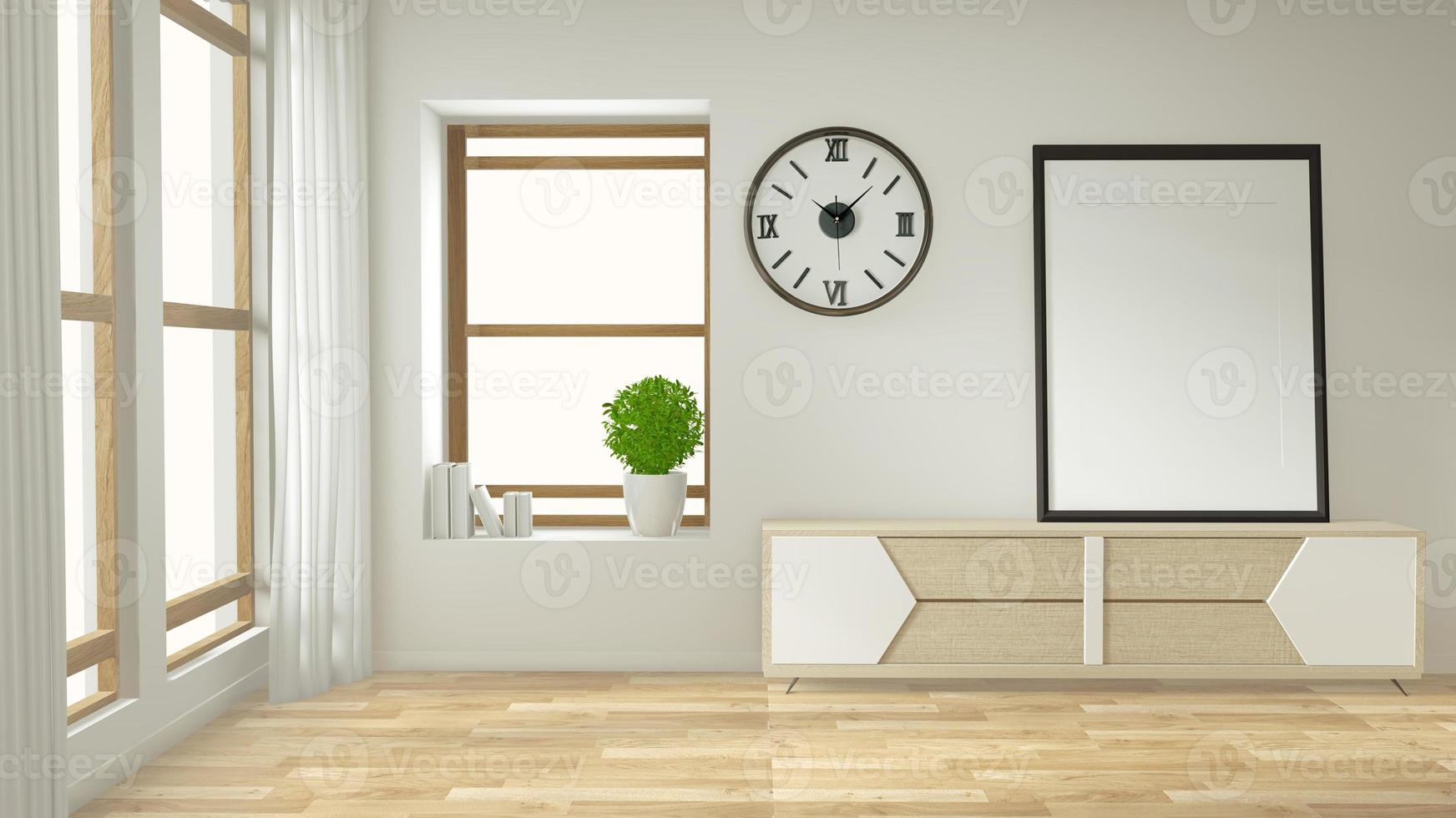 simulacro de mueble de televisión y pantalla con diseño minimalista y decoración de estilo japonés.Representación 3D foto