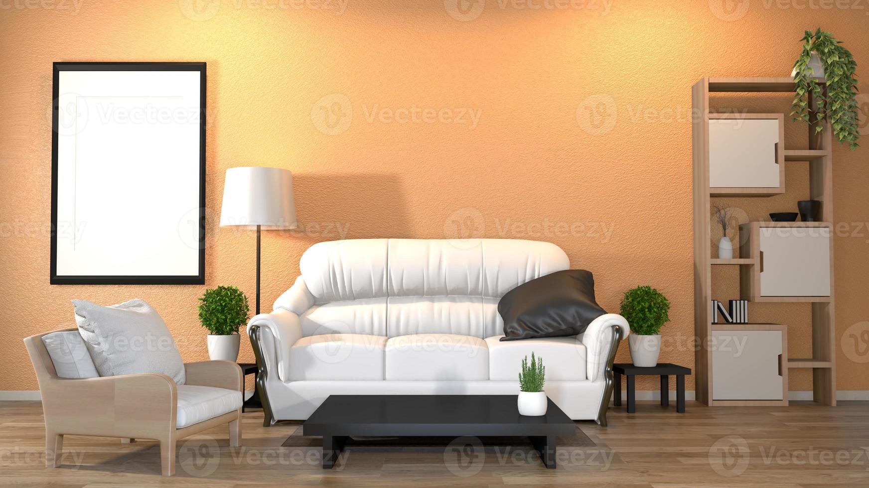 interior zen moderno con sofá y plantas verdes, lámpara, decoración estilo japonés en diseño de pared amarilla luz oculta. Representación 3d foto