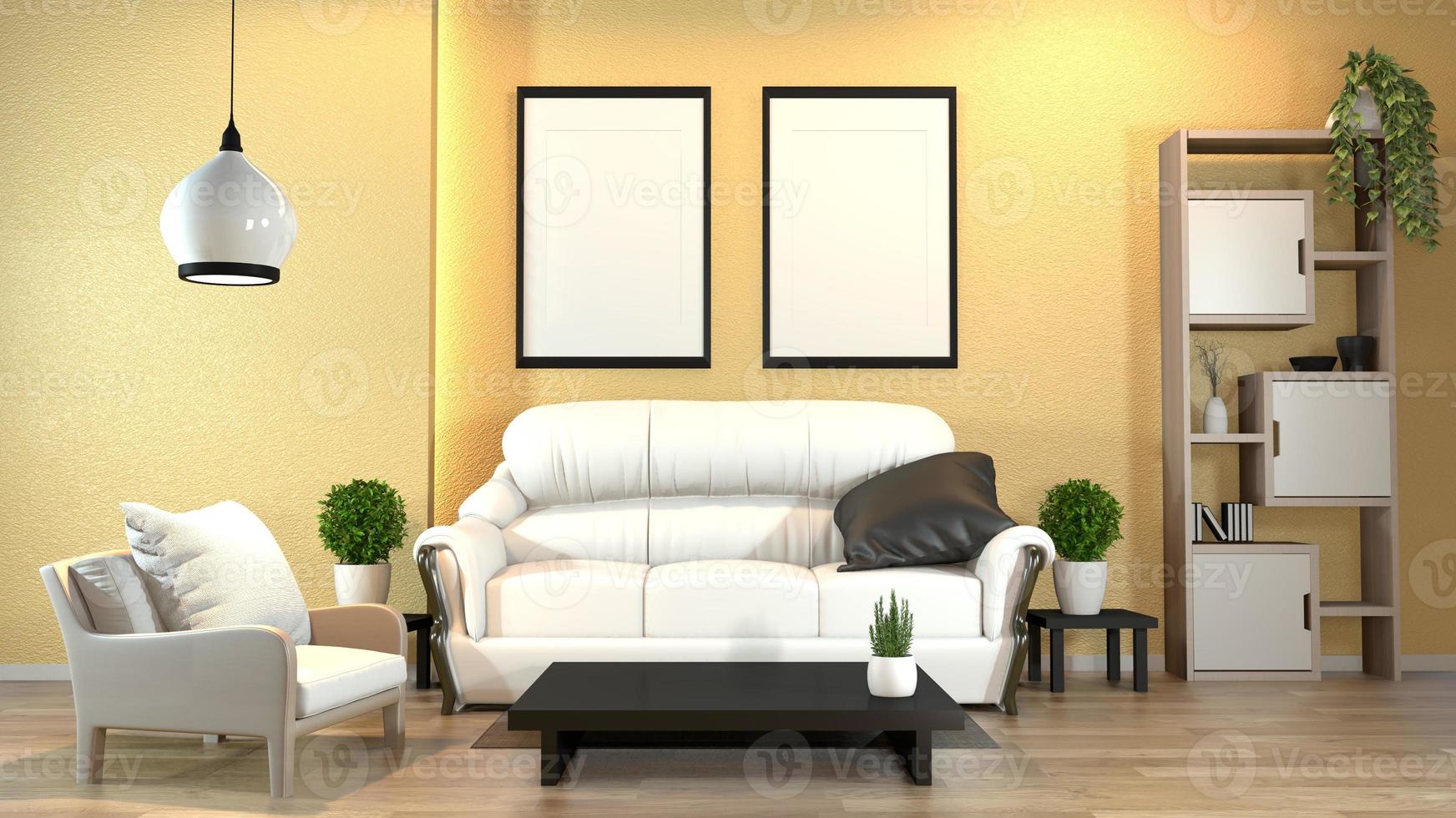 interior zen moderno con sofá y plantas verdes, lámpara, decoración estilo japonés en diseño de pared amarilla luz oculta. Representación 3d foto