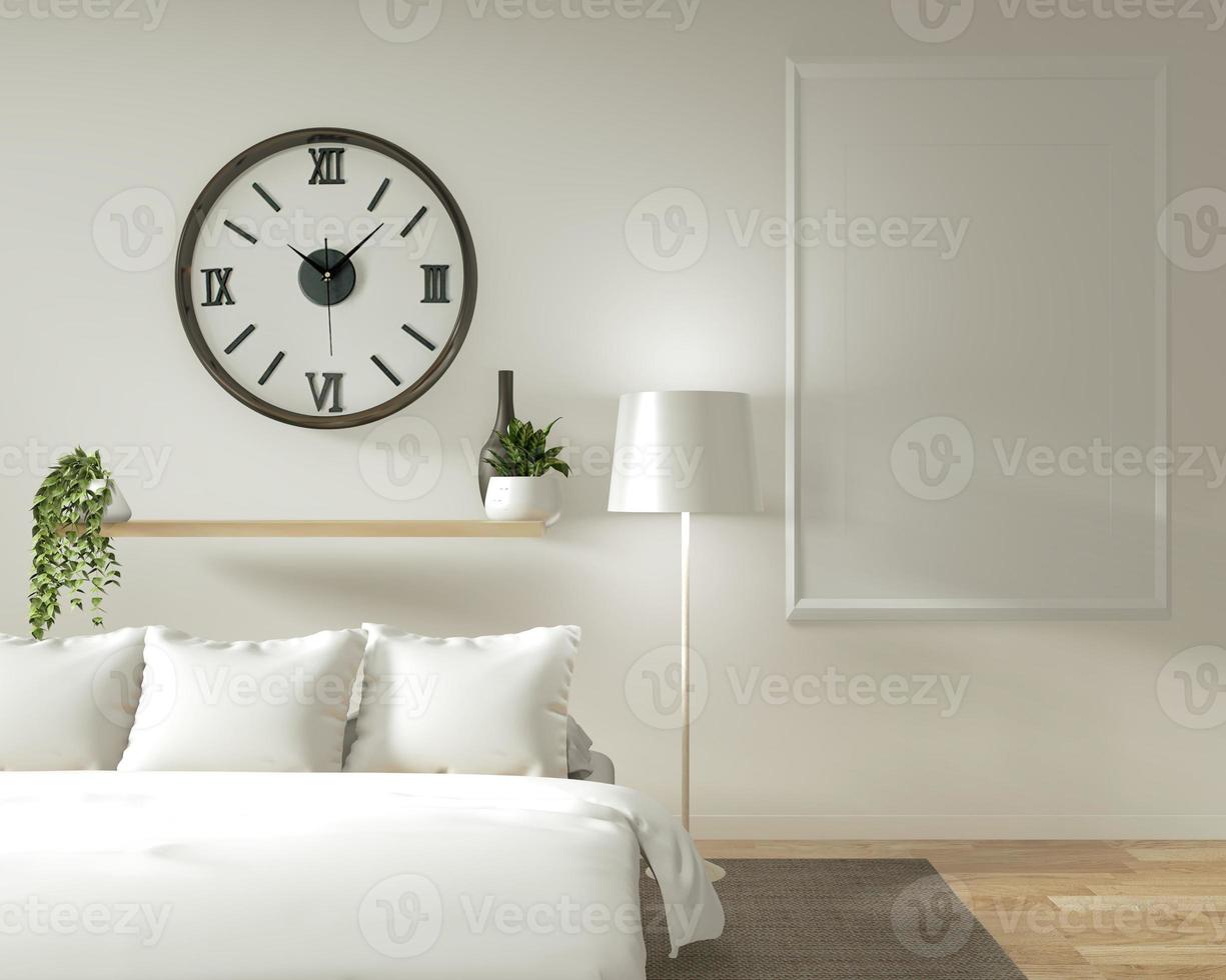 .Mock up de pared interior de casa con cama de madera, cortinas y decoración de estilo japonés en un dormitorio zen de diseño minimalista. Representación 3D. foto