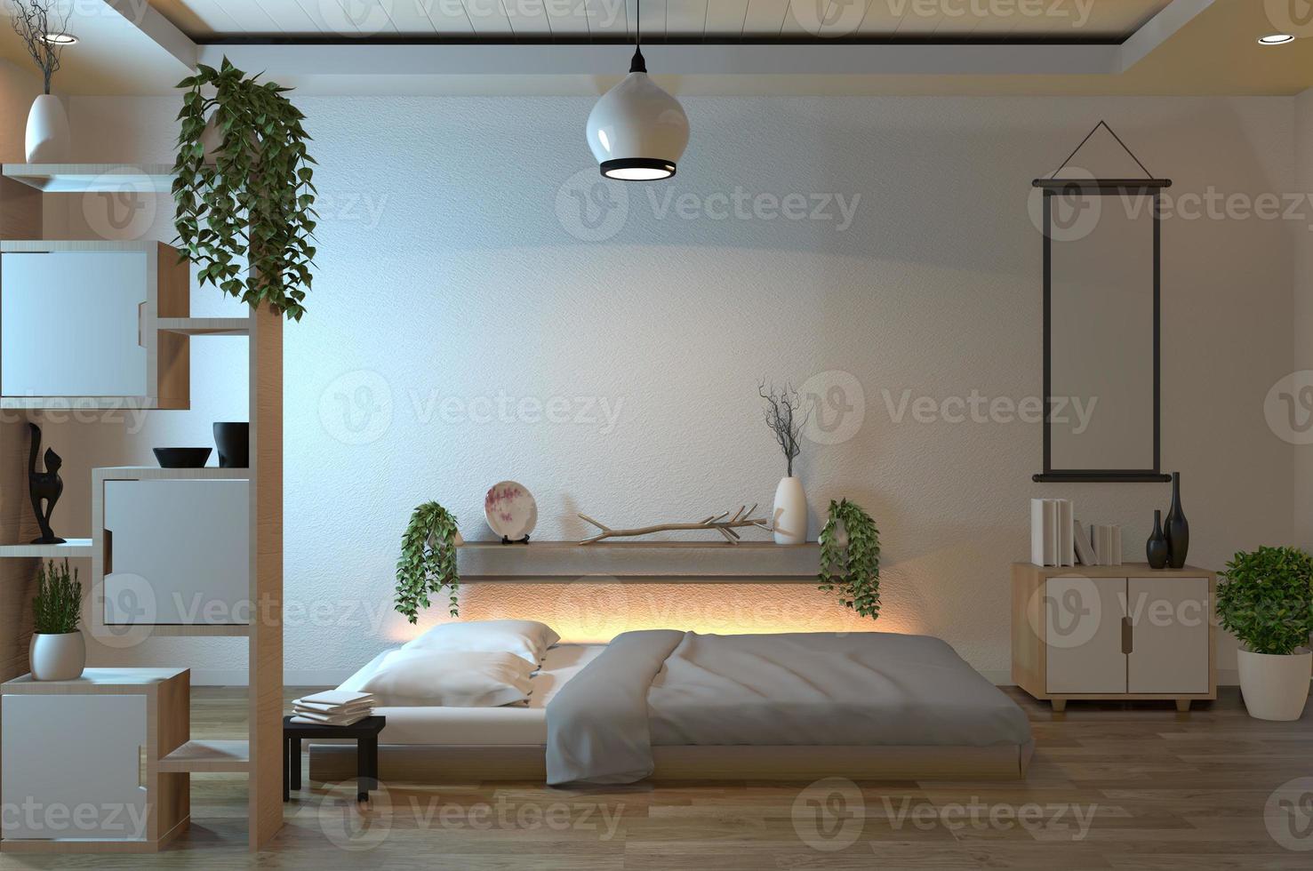 Modern peaceful Bedroom. zen style bedroom modern zen. 3D rendering photo