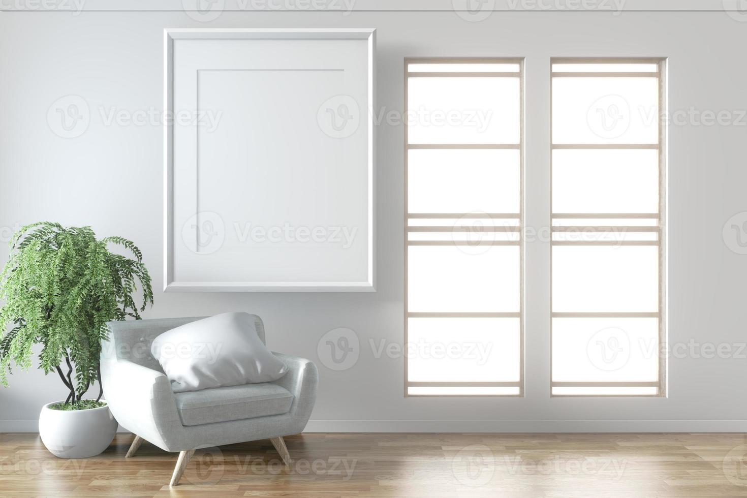 elegante maqueta interior de la habitación con un cómodo sillón gris y elegante y un marco en el piso de la pared blanca de madera. Representación 3D foto