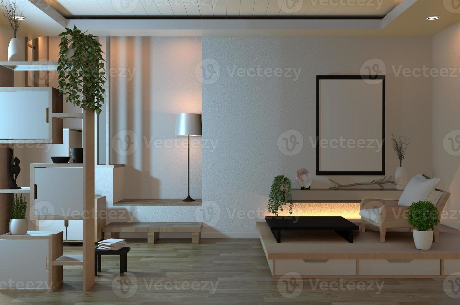 Fondo interior de habitación zen vacía con pared de estante Diseño de estilo japonés Luz oculta Representación 3D foto