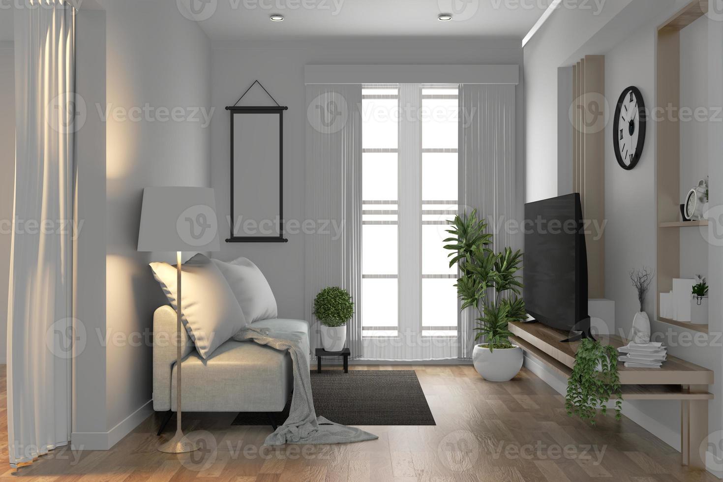 Tv shelf in modern empty room and decoration plants on white wall floor wooden.3D rendering photo