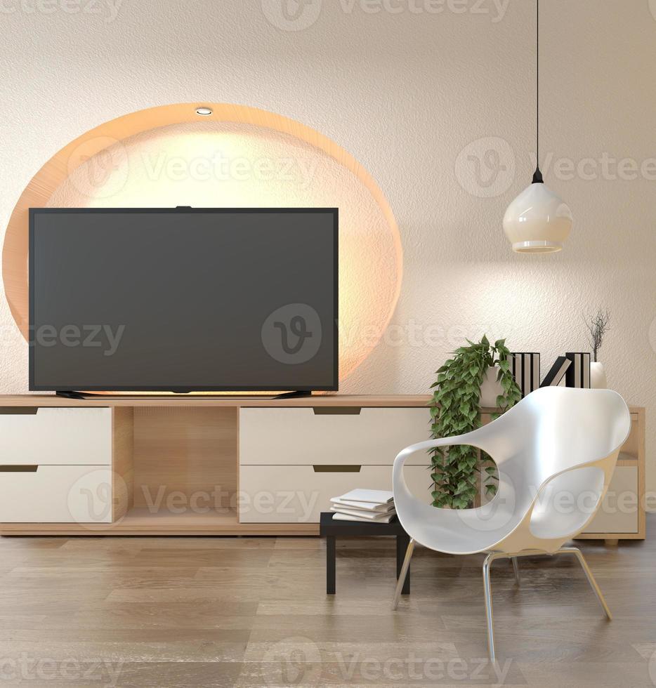 Tv cabinet in modern empty room wall shelf design hidden light Japanese - zen style,minimal designs. 3D rendering photo