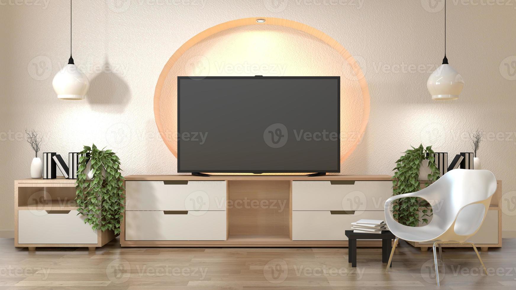 Tv cabinet in modern empty room wall shelf design hidden light Japanese - zen style,minimal designs. 3D rendering photo