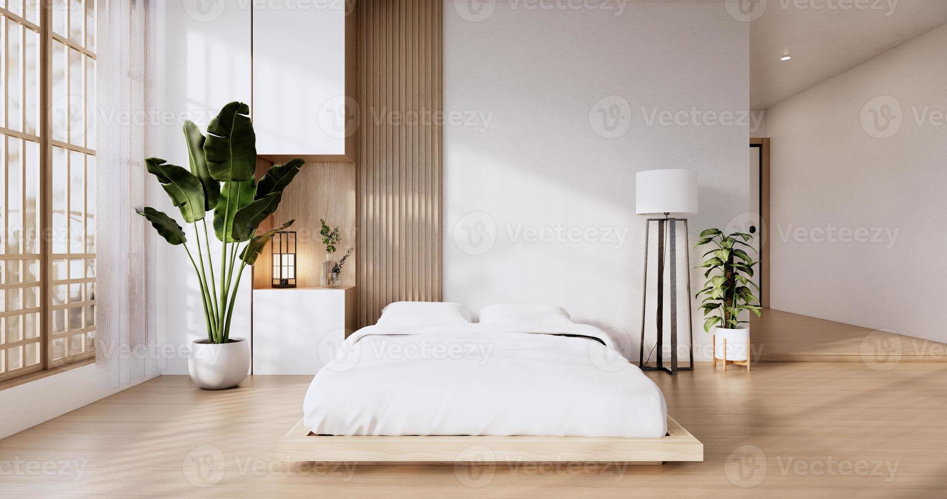 Bed room japanese design on tropical room interior and tatami mat floor. 3D rendering photo