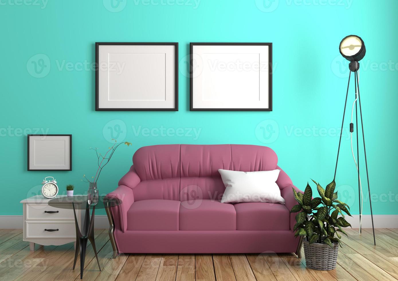 Green mint wall with sofa sideboard on wood floor interior. 3D rendering photo