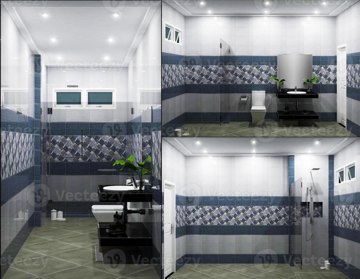 Elegant Azulejos De Diseño De Baño Luminosos Estilo Moderno Azul. Representación 3d foto