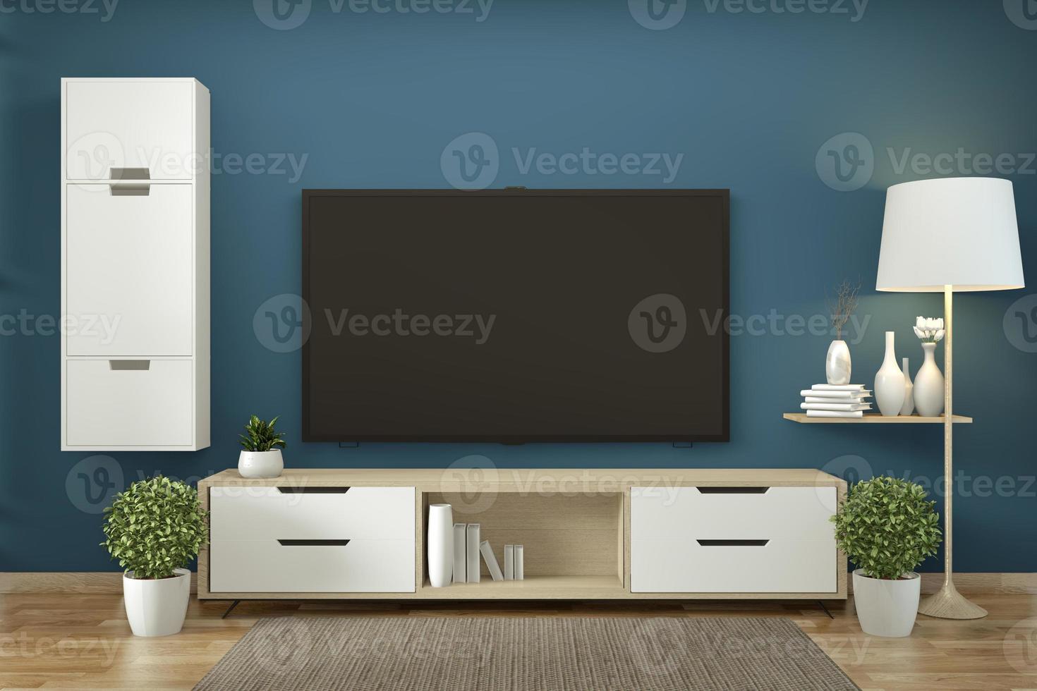 mueble de tv en zen moderna habitación vacía janapese diseños minimalistas, representación 3d foto