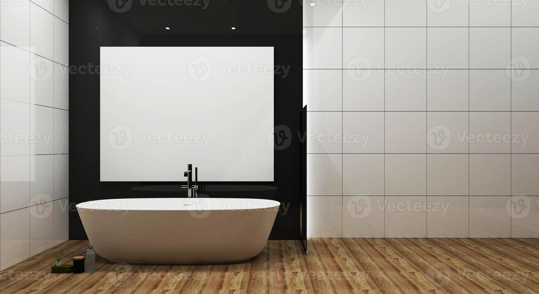 white tile and gray glossy wall bathroom interior with white tub, muck up. 3d rendering photo