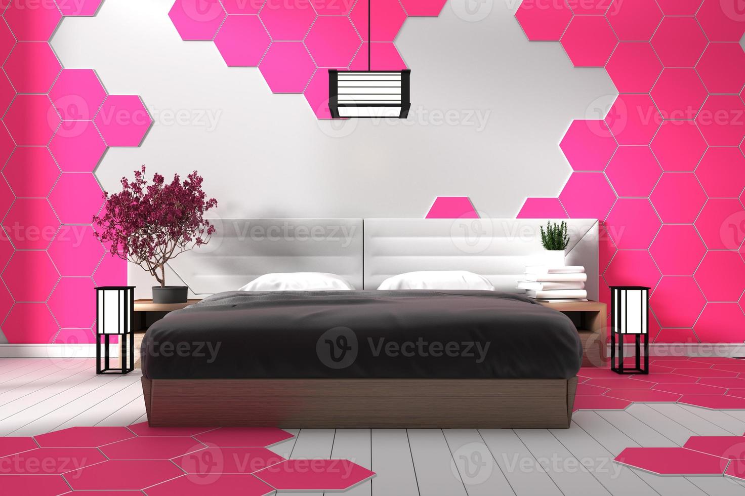 diseño de dormitorio blanco moderno azulejo hexagonal rosa - estilo zen representación 3d foto