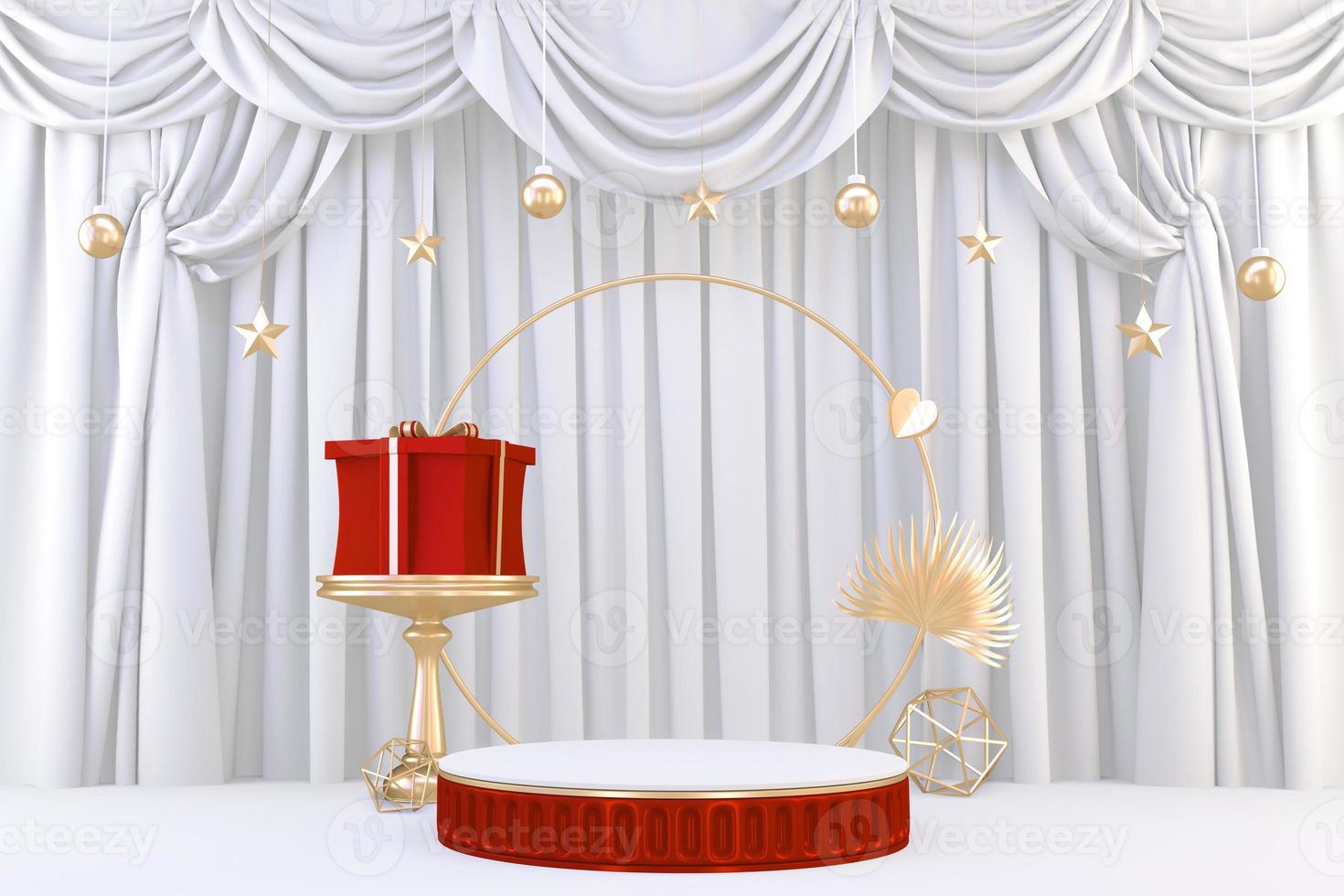 Gold podium show in red color background.3D rendering photo