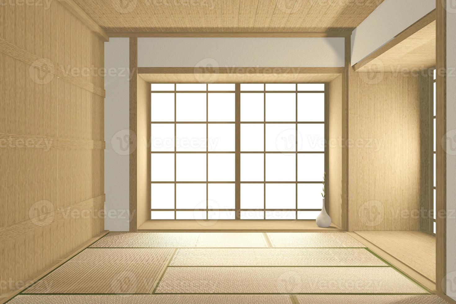 Habitación grande vacía estilo tropical japonés. Representación 3d foto