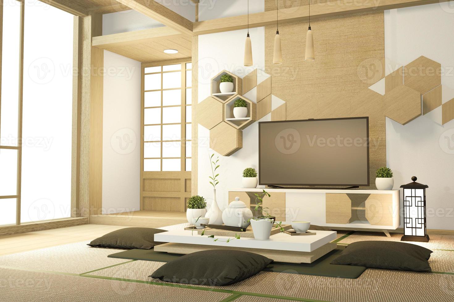 Mueble de tv en habitación tropical vacía estilo japonés - zen, diseños minimalistas. Representación 3d foto