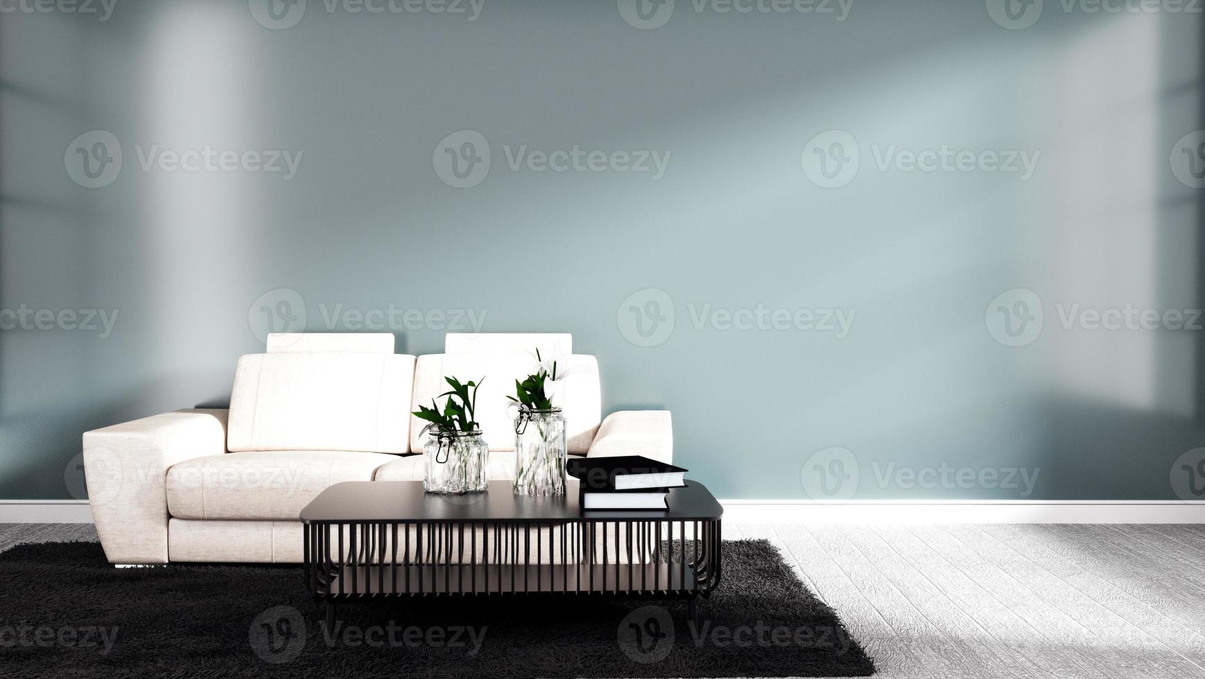 Interior de la habitación japonesa con sofá, mesa y alfombra negra sobre fondo blanco de pared brillante de piso de madera dura. Representación 3d foto