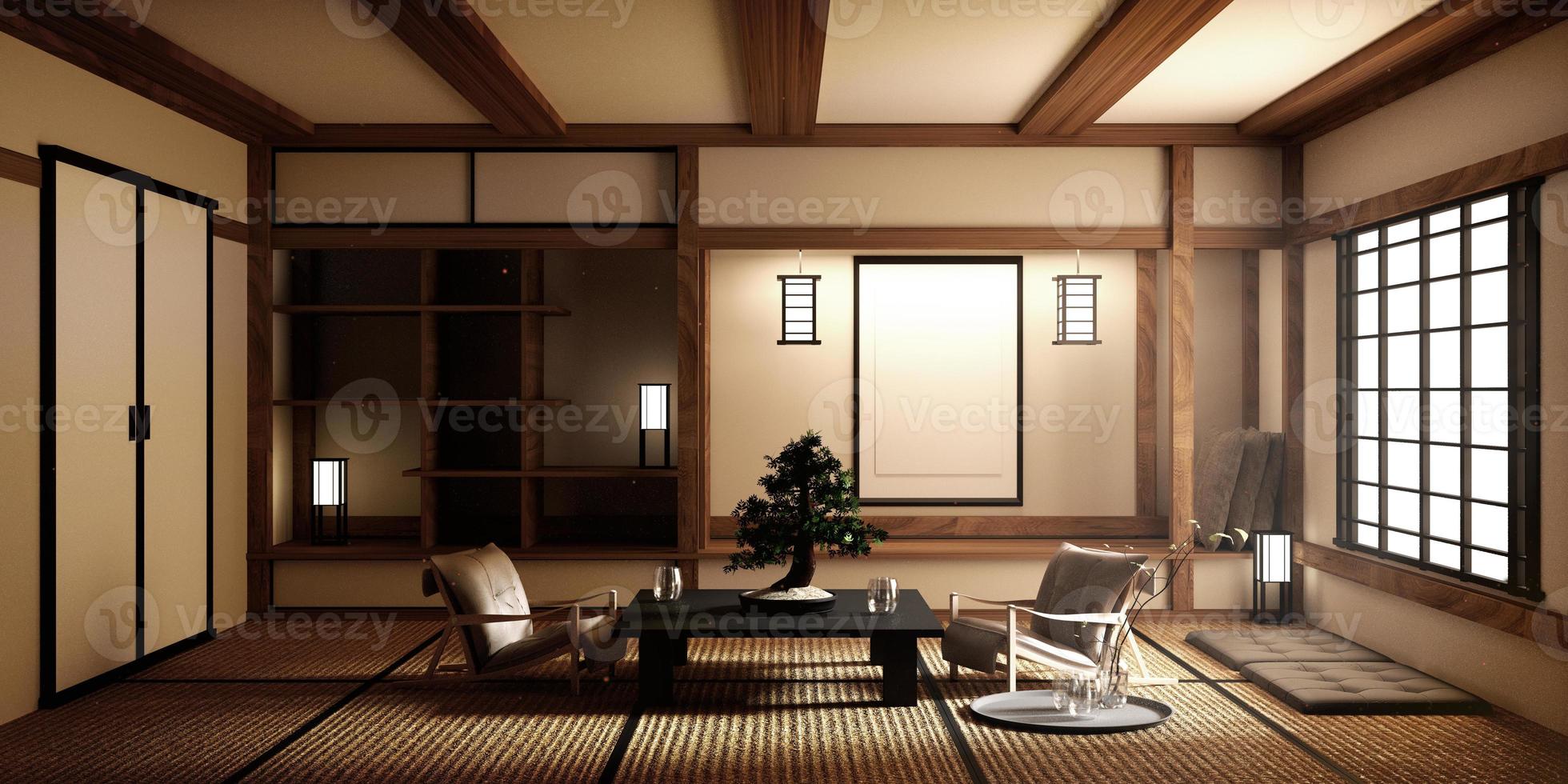 maqueta, alfombra de tatami de habitación vacía japonesa que diseña el más hermoso. Representación 3d foto